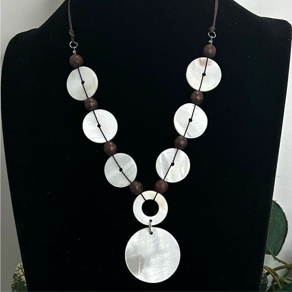 Vintage MOP Shell Disc & Round Wood Bead Necklace 19” White Brown Leather Cord - Picture 1 of 6